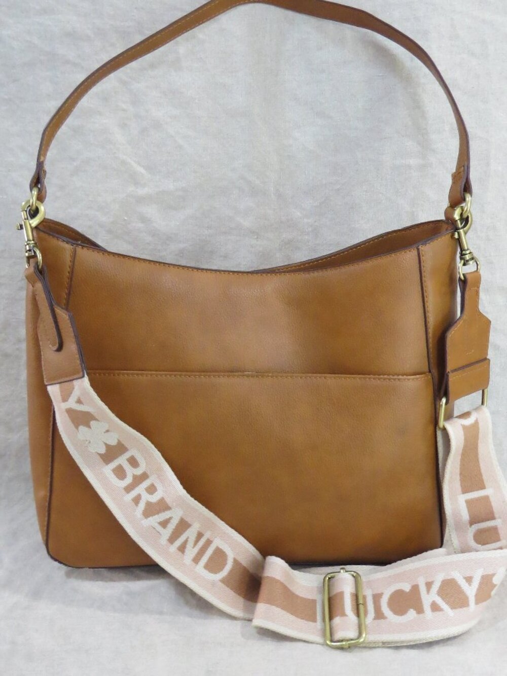 Lucky Brand Large Tan Faux Leather Tote Shoulder Crossbody Bag - Picture 3 of 16